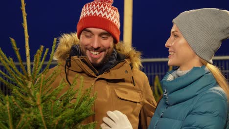 Glückliches-Paar-Kauft-Weihnachtsbaum-Auf-Dem-Markt.Winterferien-Und-Menschenkonzept-–-Glückliches-Paar-Kauft-Weihnachtsbaum-Auf-Dem-Straßenmarkt-Am-Abend-Bei-Fallendem-Schnee