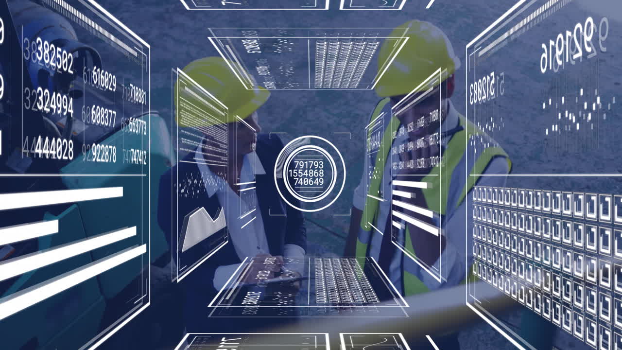 Discussing project, construction workers using digital data overlay at building site