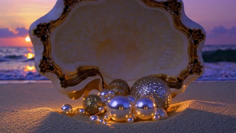 giant seashell rests on the sand of a beach during a vibrant sunset, revealing a collection of shiny christmas ornaments, creating a surreal and festive scene