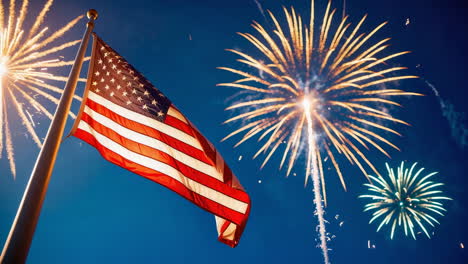 american flag with fireworks in blue sky