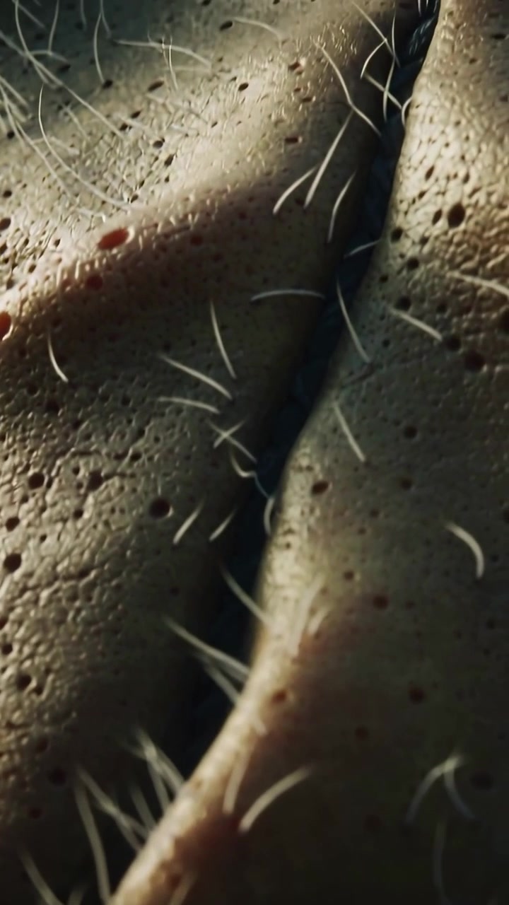 Video verticale: Inizio ripresa della telecamera che rivela una piega della pelle in uno studio macro per mostrare peli vellus e pori.