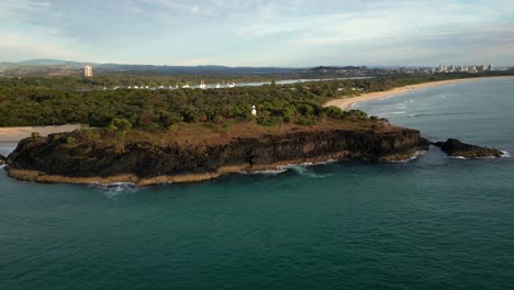 Left-to-right-aerial-view-of-Fingal-Head,-Northern-New-South-Wales,-Australia