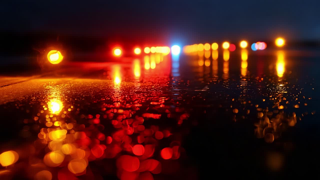 Stunning Reflection of Vibrant Lights on Wet Surfaces, Capturing the Essence of Nighttime in a Rain-Drenched Environment with Bokeh Effects in Various Colors