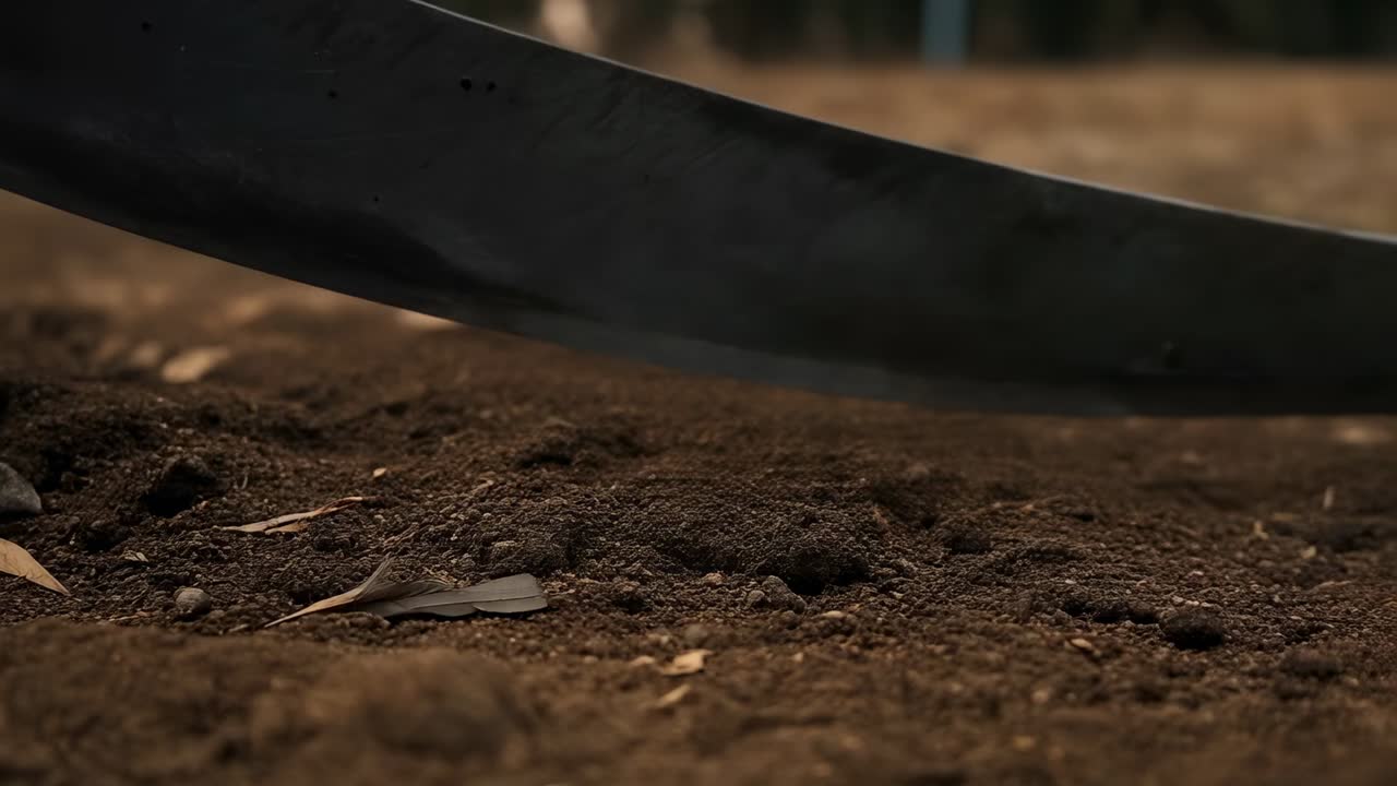 Cutting curved metal blade scraping dry field soil, person stepping in black boots forming trench