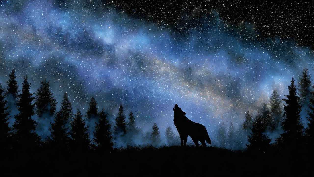 A magnificent silhouette of a wolf howling at the celestial night sky, set against a backdrop of shimmering stars and a mysterious, ethereal blue nebula above the dark forest