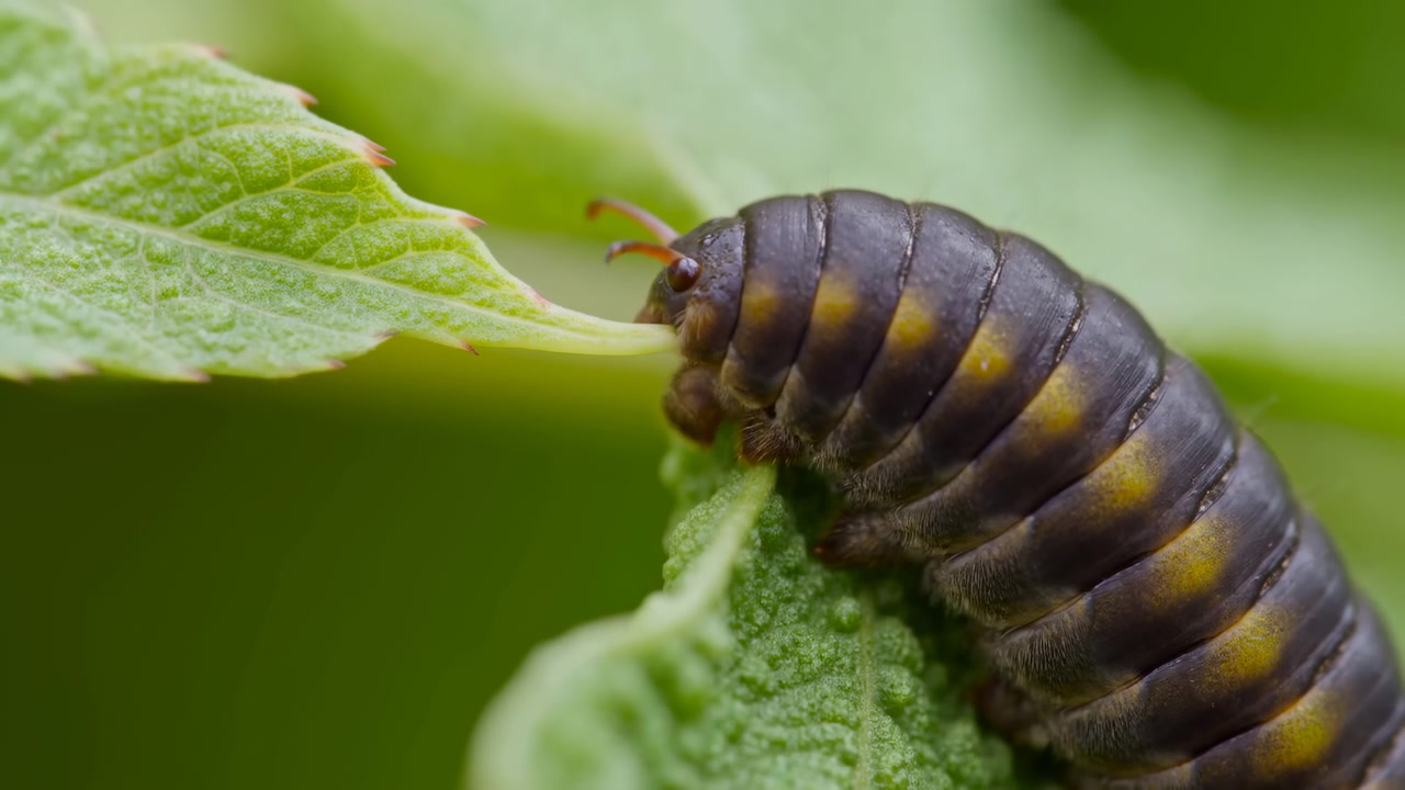 Macro di bruco che si nutre di una foglia verde, primo piano cinematografico che mostra una larva a strisce scure che rosicchia il bordo della foglia.