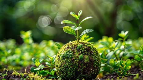 a young plant sprouts from a moss ball in a vibrant green environment