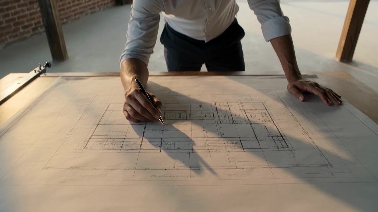 Terugtrekkende camera toont architect in wit shirt die plattegrond verfijnt op tekentafel in loft