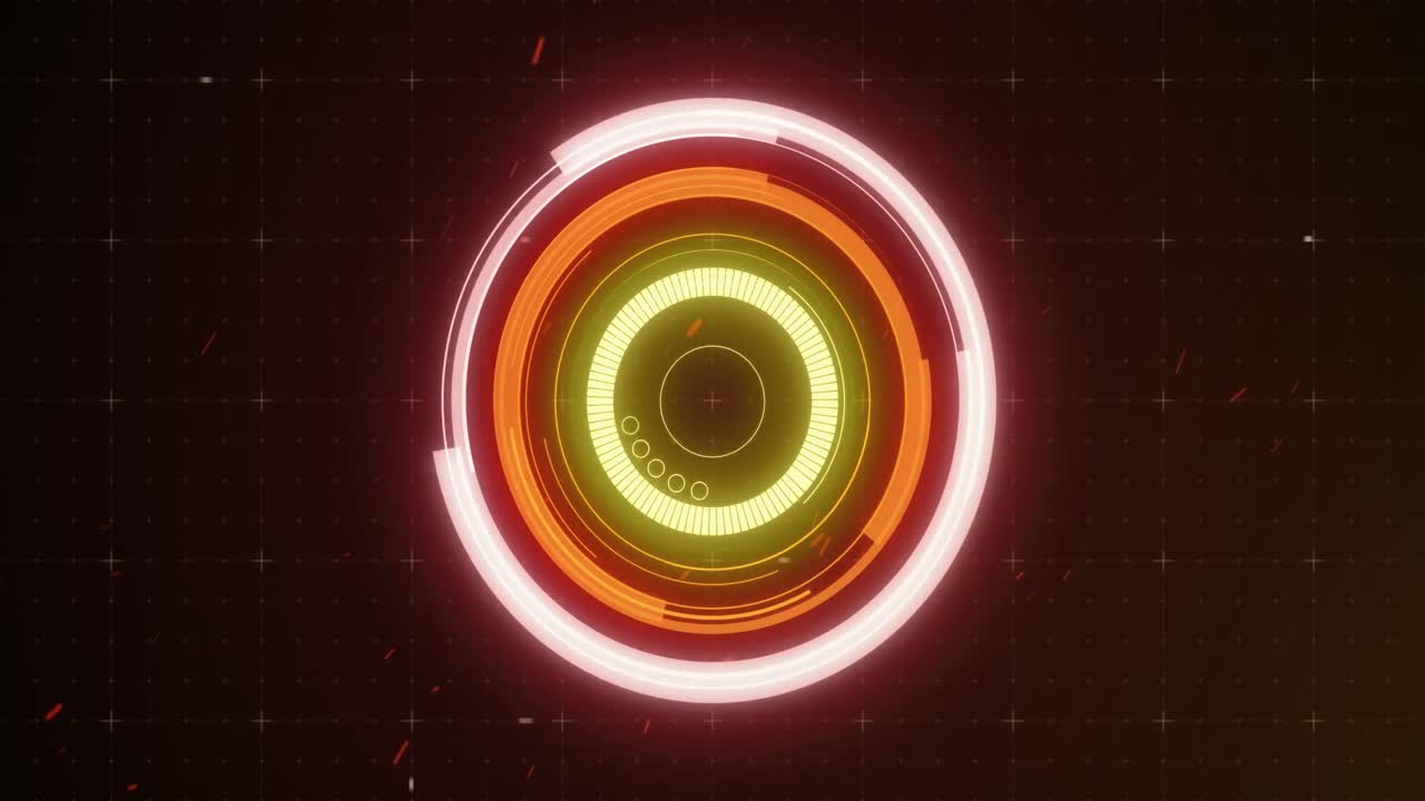 animación de escaneo de alcance naranja y verde brillante y giro con fallo en el fondo de la cuadrícula