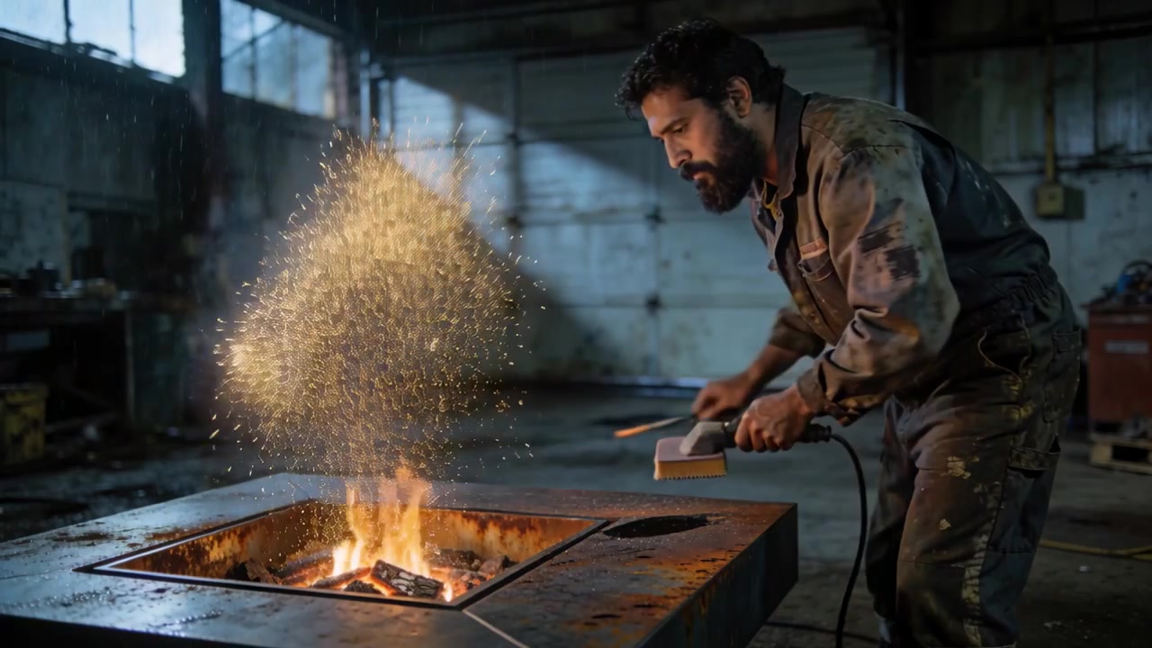 Operaio in tuta da lavoro che, usando un attrezzo a filo, fa scintille in un braciere da officina per scaldare il metallo, con spazio per il testo.