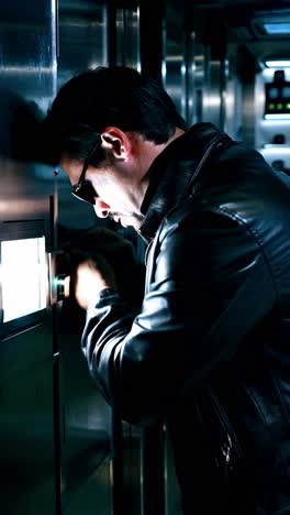 man inspecting equipment in a dark industrial interior