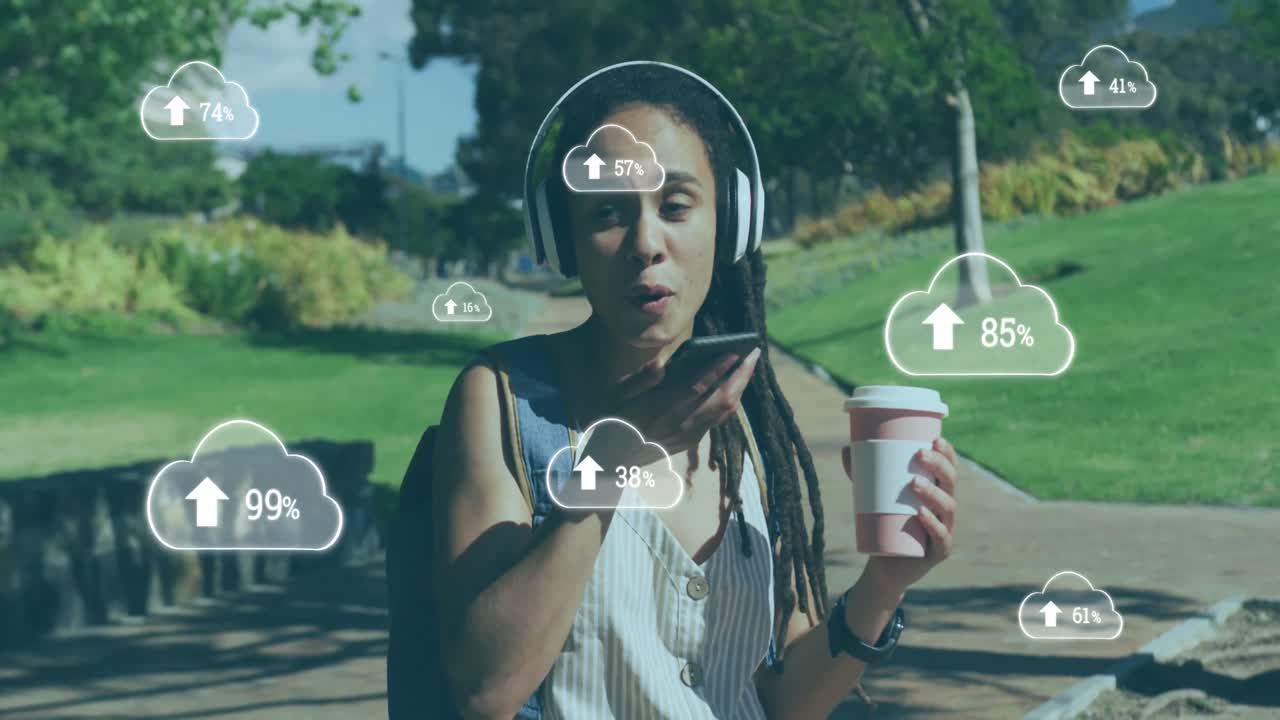 Animation of clouds with arrows over woman talking on smartphone in a park