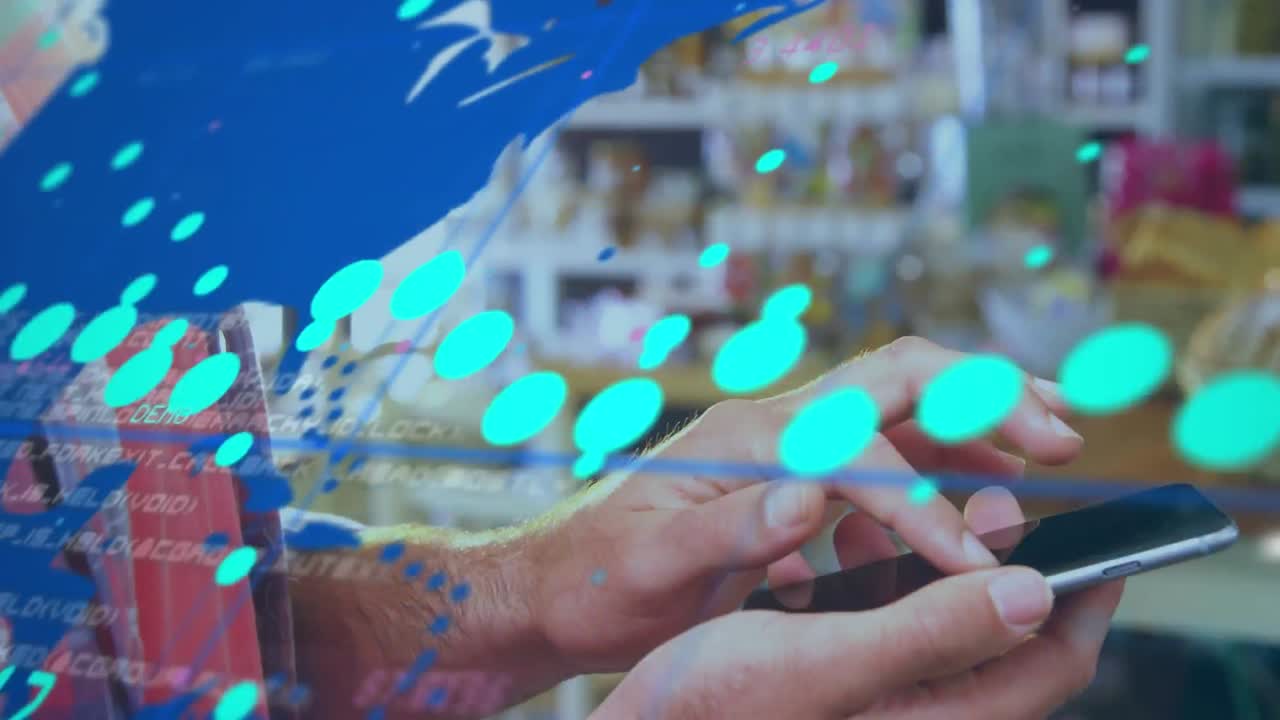 animación de gráficos sobre las manos de un hombre caucásico usando un teléfono inteligente en la tienda