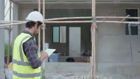 vista trasera de un ingeniero civil o arquitecto masculino profesional que usa un casco de seguridad. mientras el ingeniero trabaja usando tecnología de tableta lista de comprobación proyecto de construcción en el sitio de construcción.