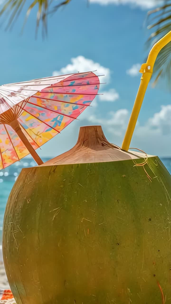 Vertical video: Capturing green coconut drink sitting on tropical beach, yellow straw and umbrella