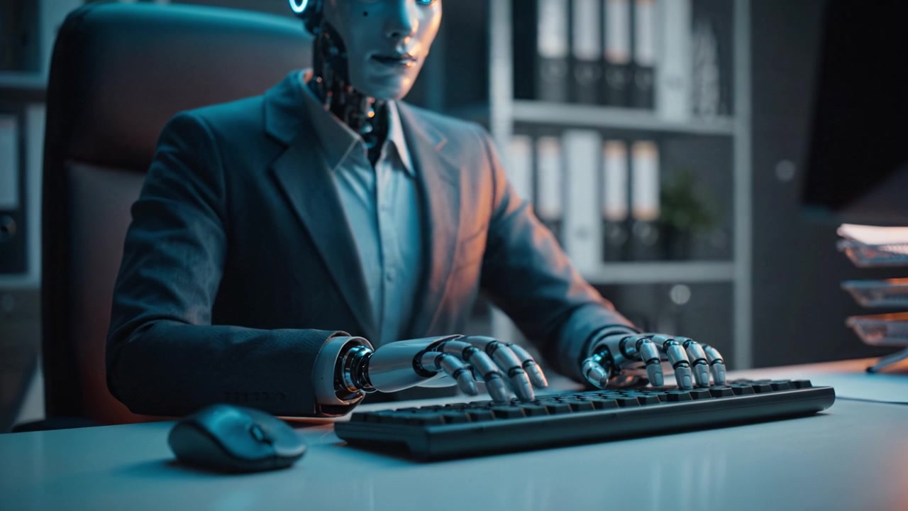 A humanoid robot in a business suit engages in computer work, showcasing advanced technology and artificial intelligence in a modern office environment.