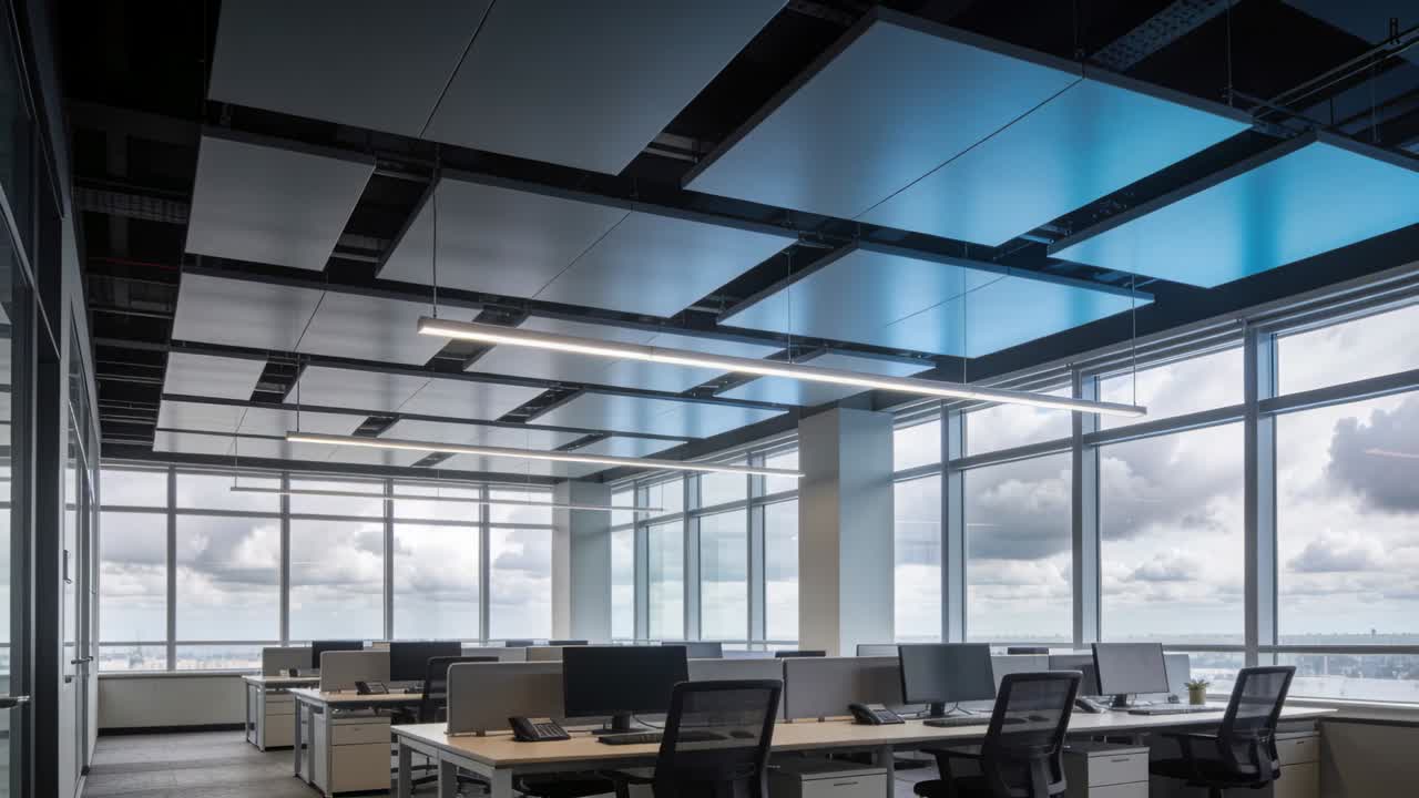 Panning camera showing empty open-plan office, revealing floor-to-ceiling windows, desks, chairs