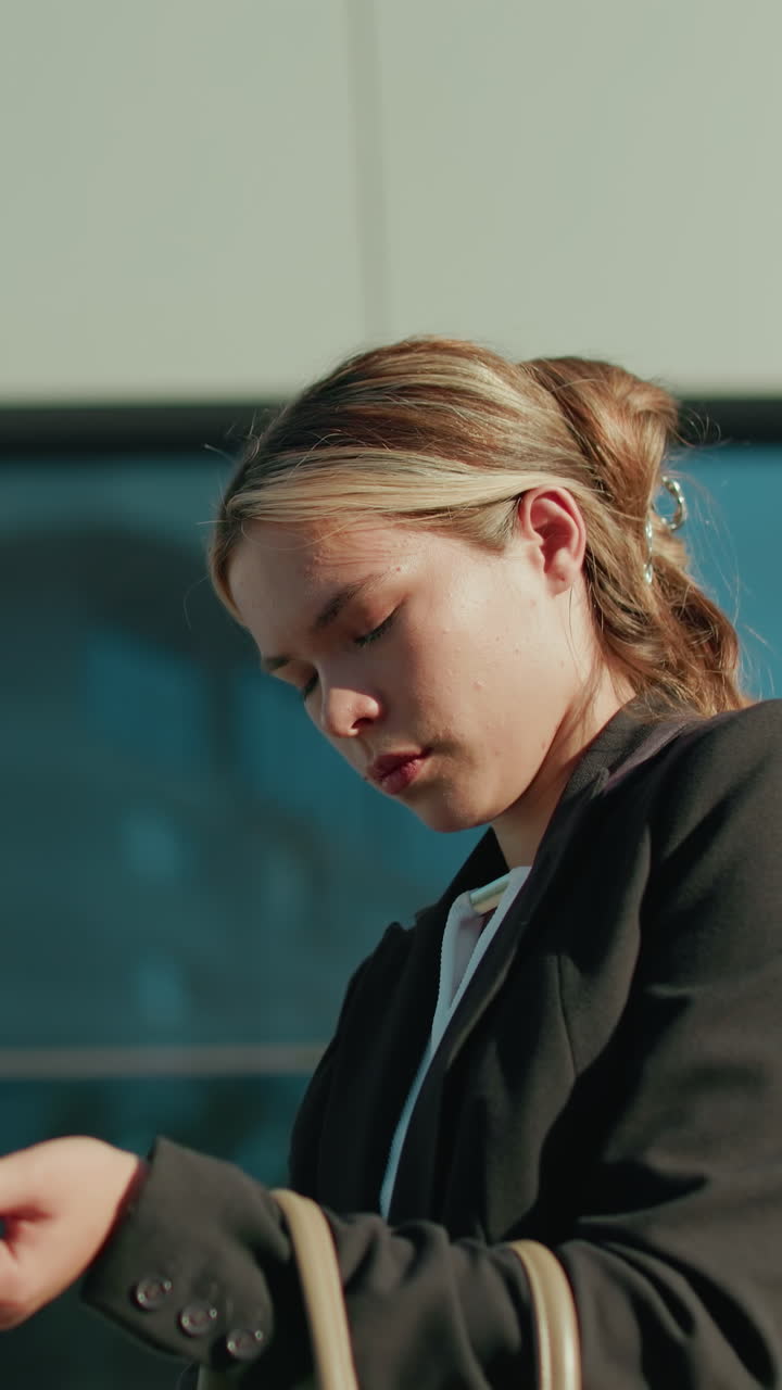 Side view of white lady on way to lecture checking handbag to retrieve keys, standing near modern glass building reflecting her image, sunlight illuminating her face and professional attire
