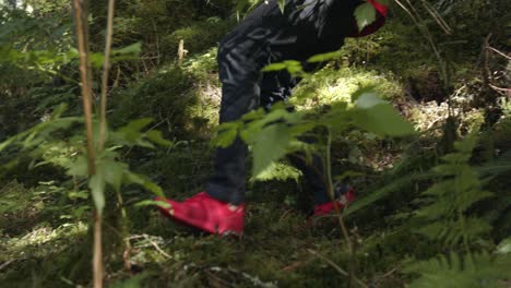 man in red shoes trail running down a grassy hill in alaska, usa - low-level shot, slow motion