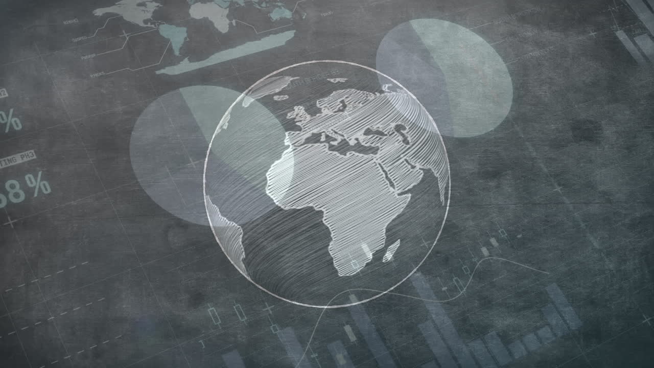 animación del globo girando sobre la pantalla del mercado de valores en el fondo.