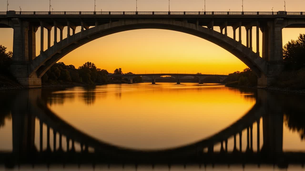Stunning Sunset Reflection Over a Serene River Beneath a Majestic Bridge, Capturing the Tranquility of Nature's Evening Palette and Architectural Beauty