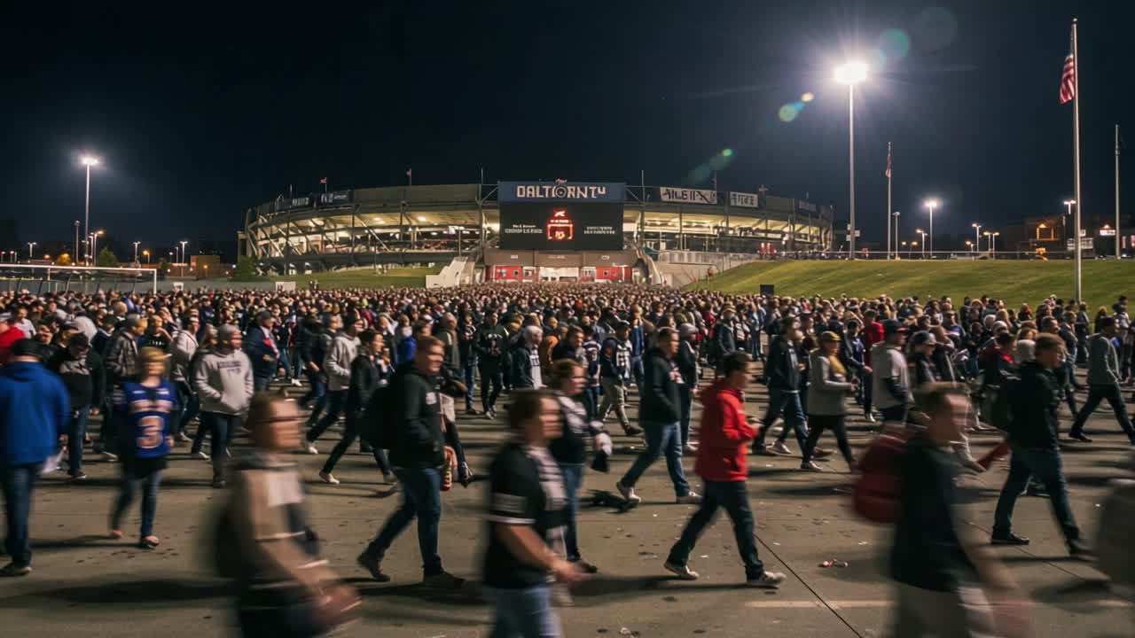 Massive Crowd Leaving a Stadium at Night: A Vibrant Scene of Fans Exiting After an Event, Illuminated by Stadium Lights and the Excitement in the Air