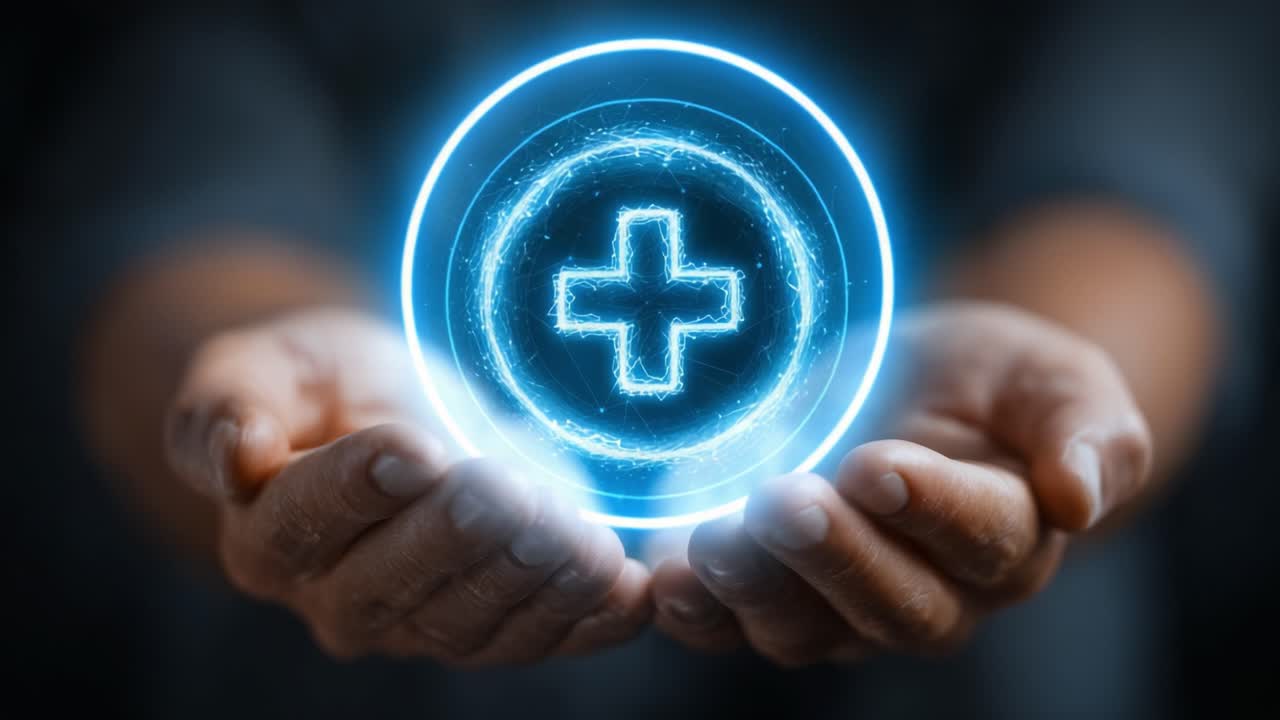 Un paio di aree di lavoro accattivanti che mostrano simboli luminosi legati alla salute, sottolineando l'importanza del benessere e della cura in modo visivamente sorprendente attraverso l'arte digitale