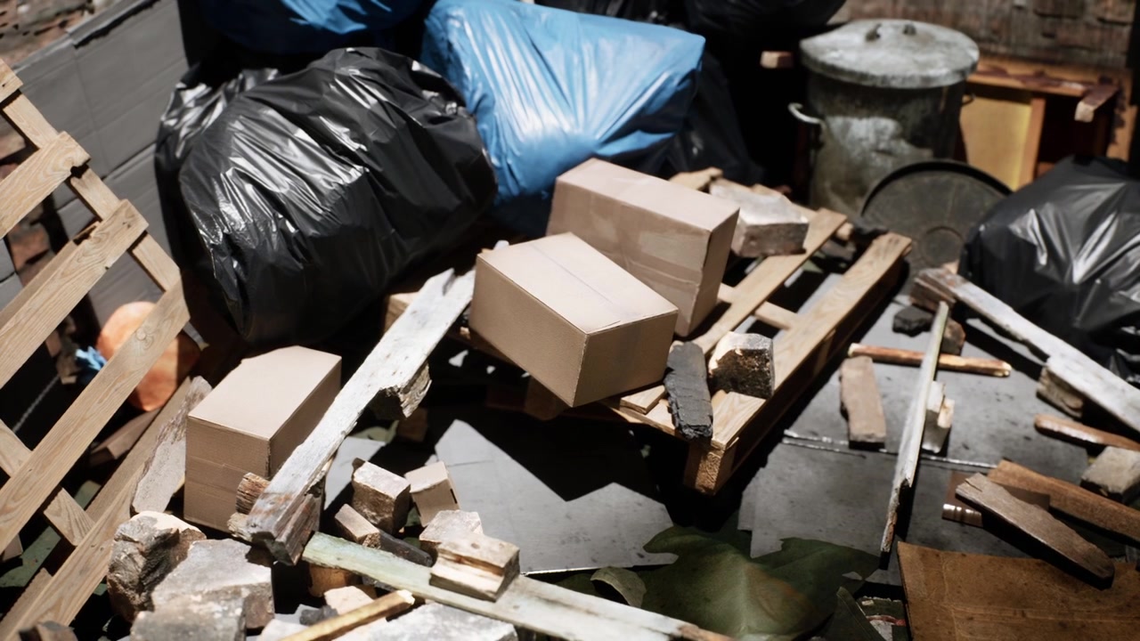 Discarded cardboard boxes and trash bags piled in a dark urban alleyway