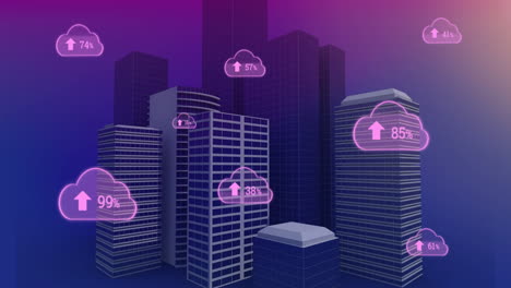 animación de múltiples nubes rosadas con un porcentaje de crecimiento sobre el paisaje urbano
