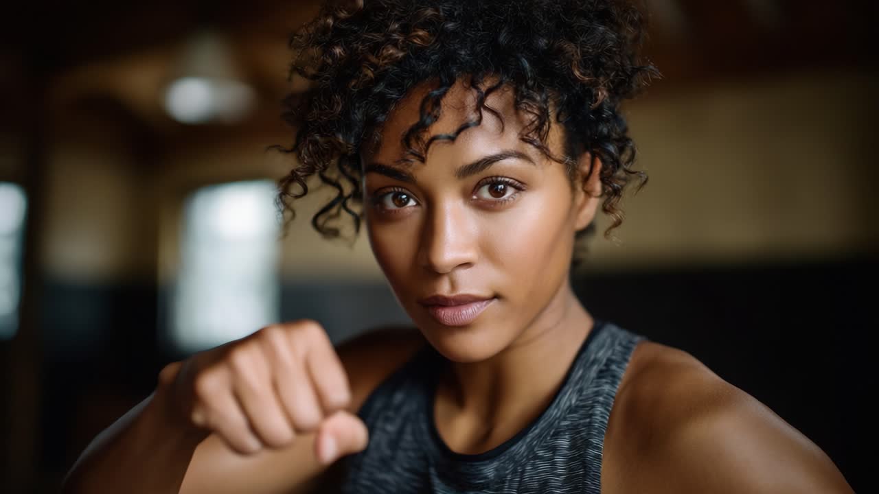 Una donna determinata si prepara a sferrare un pugno potente in un ambiente fitness dinamico, mettendo in mostra forza e sicurezza con un'espressione intensa