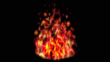 digital animation of a realistic fire burning and flickering, with dynamic flames and glowing embers, set against a solid black background for seamless compositing