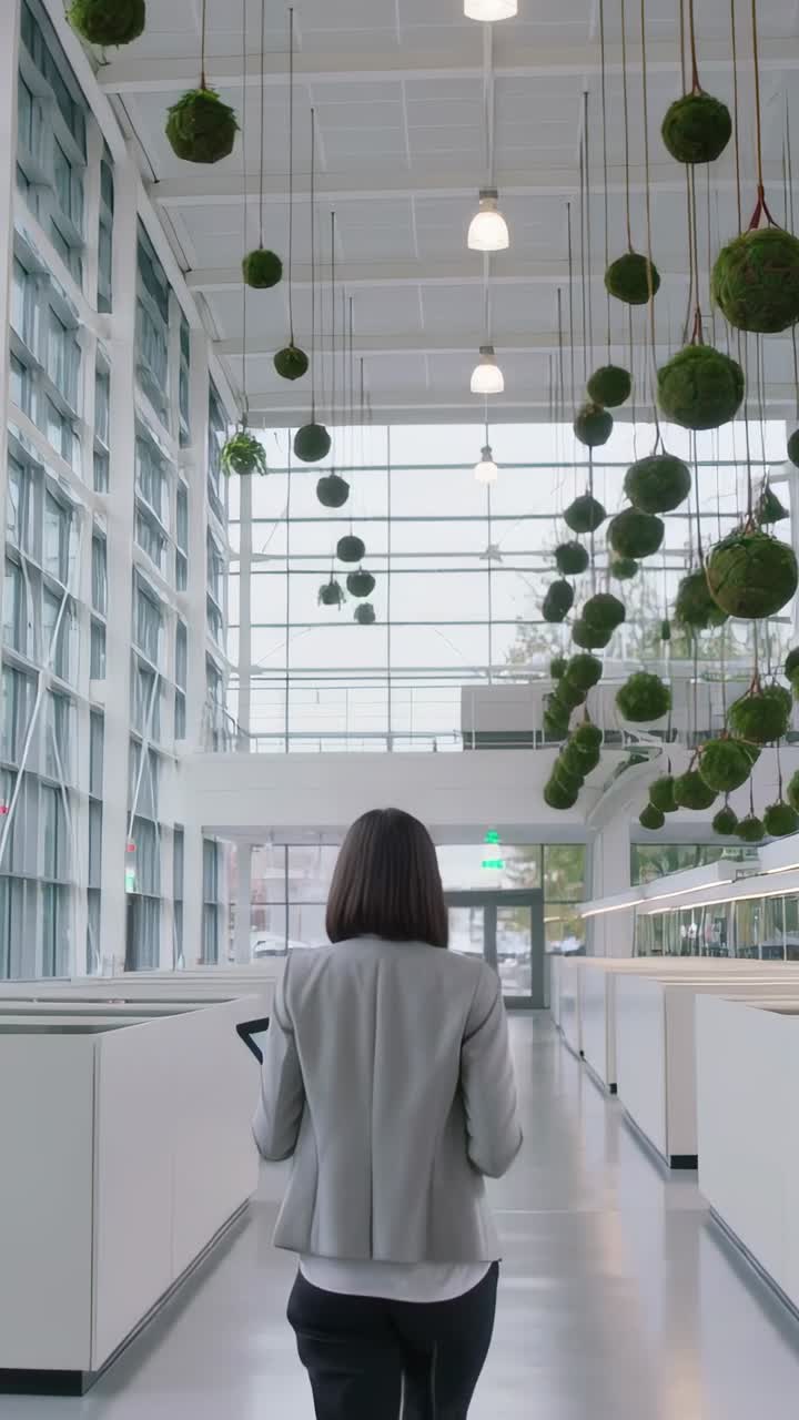Video vertical: Mujer con blazer caminando con una tablet en un atrio, comenzando a andar y examinando plantas.