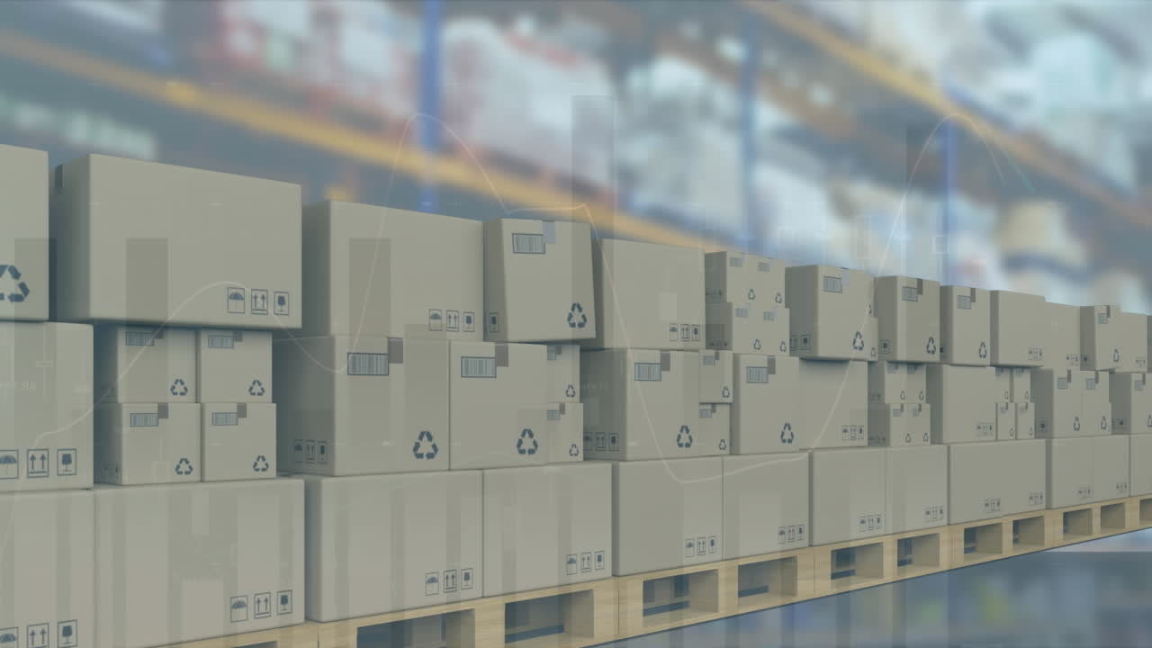 animación del procesamiento de estadísticas sobre cajas de cartón en cinta transportadora