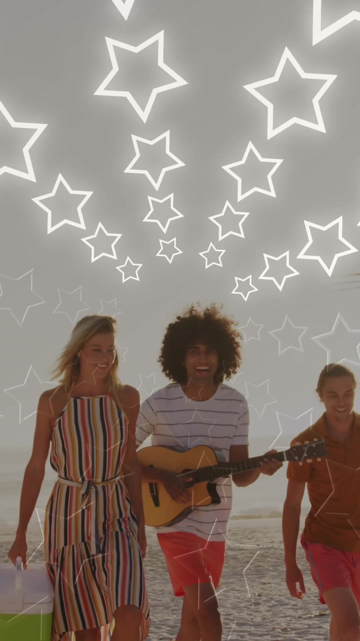 Animazione di stelle al neon che cambiano colore su amici felici e diversi che camminano sulla spiaggia