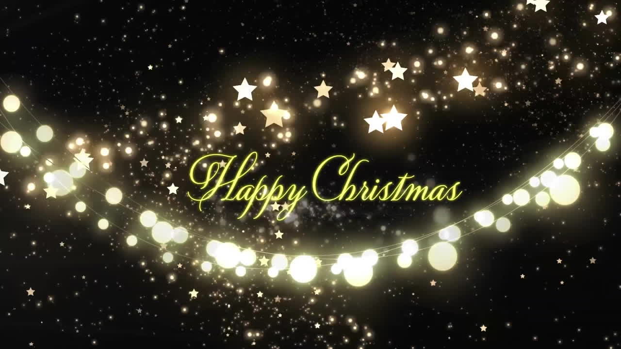 검은색 배경의 밝은 반점 위에 요정 불빛으로 해피 크리스마스의 애니메이션