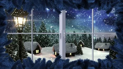 Digitale-Animation-Des-Fensterrahmens-Vor-Schnee,-Der-Auf-Die-Winterlandschaft-Vor-Dem-Nachthimmel-Fällt