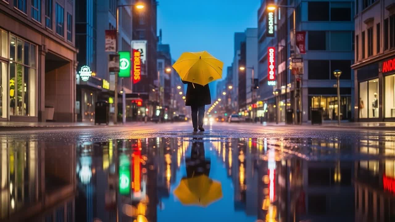 A solitary figure stands in an empty urban street, holding a bright yellow umbrella, reflecting the vibrant lights and wet pavement on a moody rainy evening