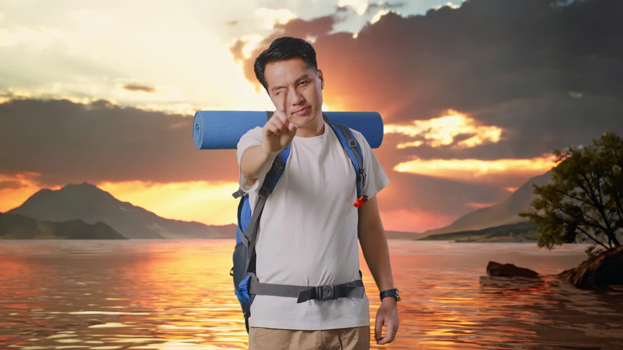 Asian Male Hiker With Mountaineering Backpack Showing No Gesture With Index Finger At A Lake
