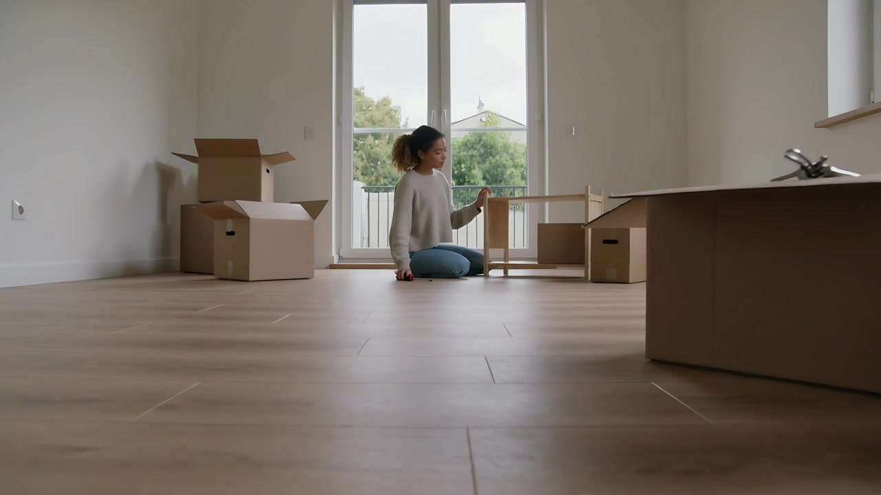 Unpacking moving box, woman in sweater and jeans assembling shelf using hand tool to furnish flat