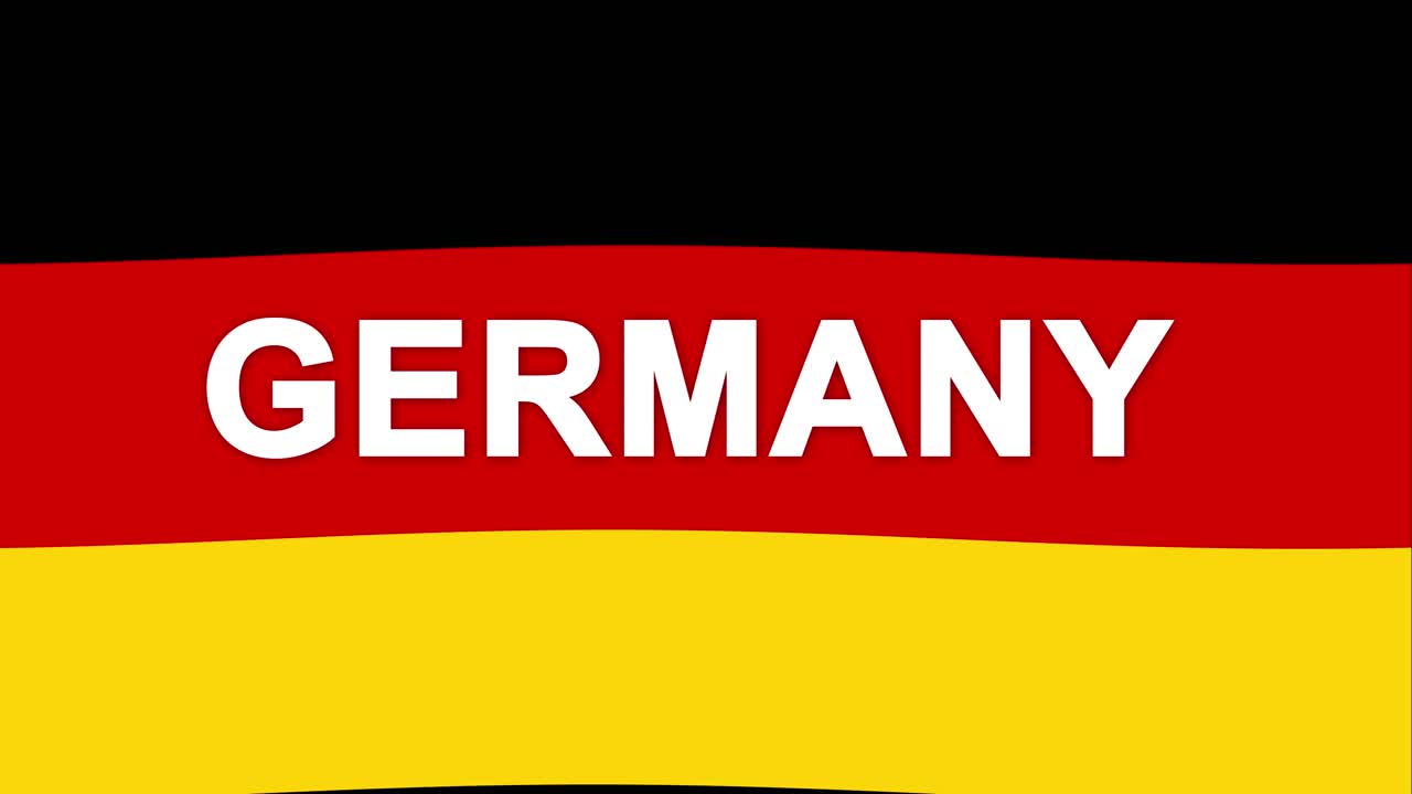 deutsche 2d-flagge winkt mit deutschland als großbuchstabentext auf schwarz, rot und gelb in 4k-loop-animation