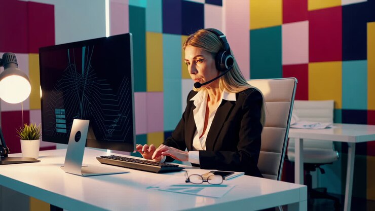 Professional Woman with Headset Working on Computer in Office