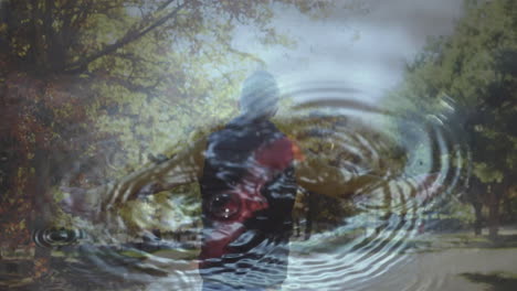 standing near rippling water, person with trees in background, creating animation