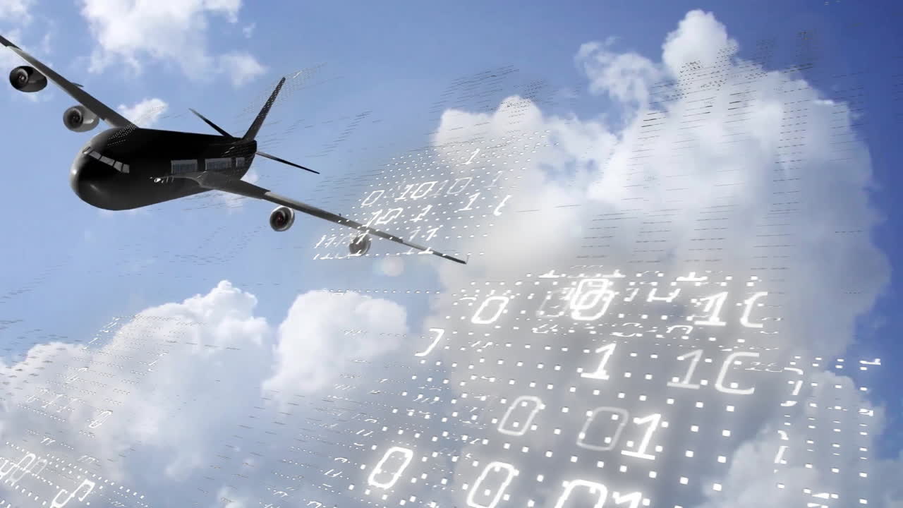 이진 코딩의 애니메이션, 평면과 구름 위의 디지털 데이터 처리