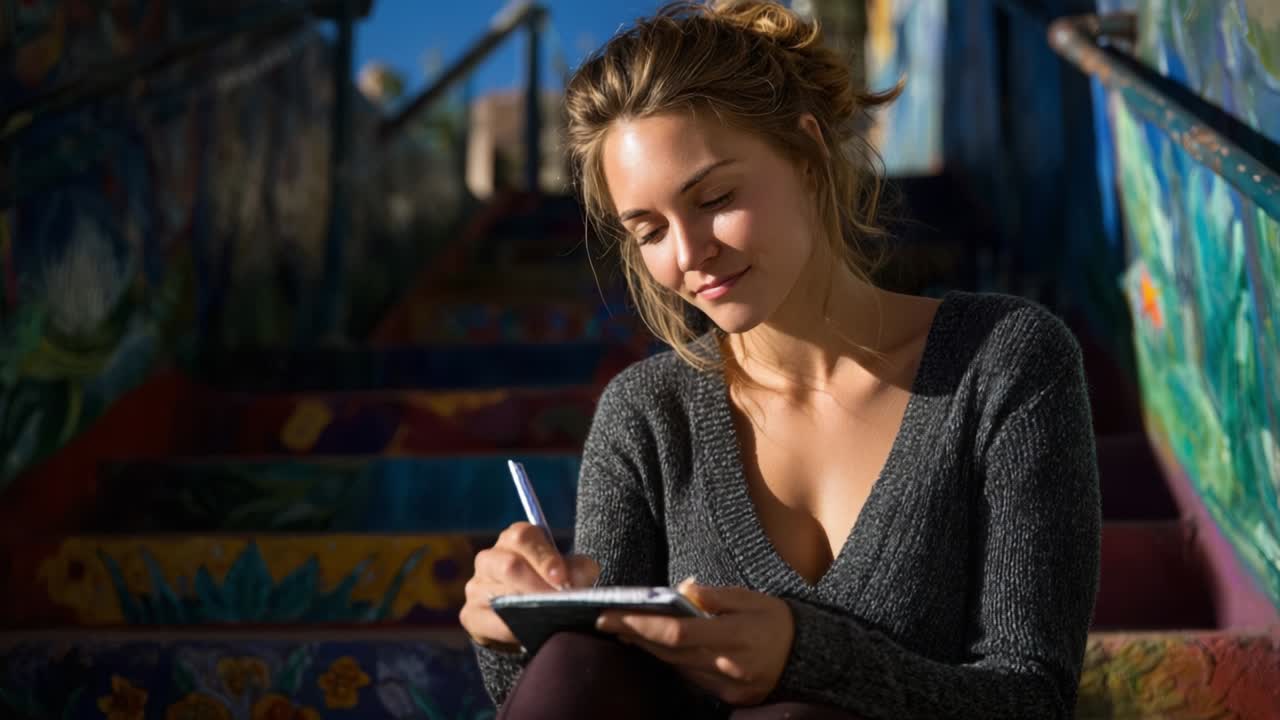 A young woman sits comfortably on colorful stairs, deeply engaged in writing in her notebook, showcasing a moment of creativity and reflection in a vibrant outdoor setting radiating positivity and inspiration