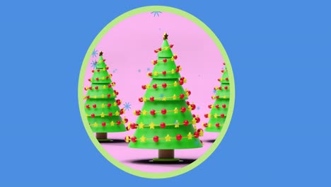 Animation-of-snow-and-christmas-tree-in-circle-on-blue-background
