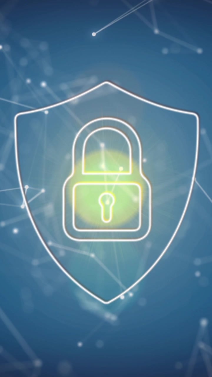 Animazione di rete di connessioni ed elaborazione dati con icona a lucchetto su sfondo blu
