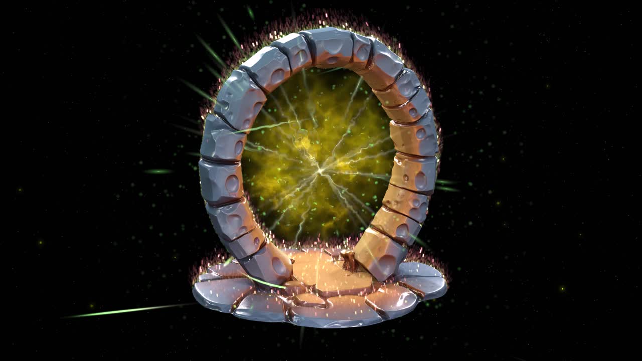 Fantasy magic circular stone portal, design 5, with particles and glowing energy, rotating slowly on black background 3D animation. Ideal for fantasy games animation projects