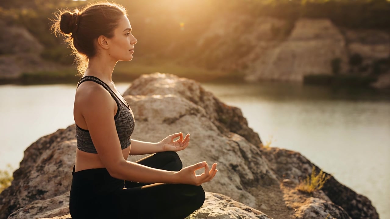 Luz do sol a incidir, mulher de roupa desportiva sentada numa rocha à beira do lago, fazendo mudra para a calma, espaço para texto.