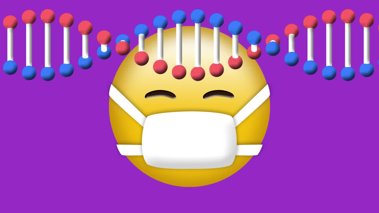 보라색 배경에 회전하는 dna 가닥 위에 얼굴 마스크에 에모지 애니메이션