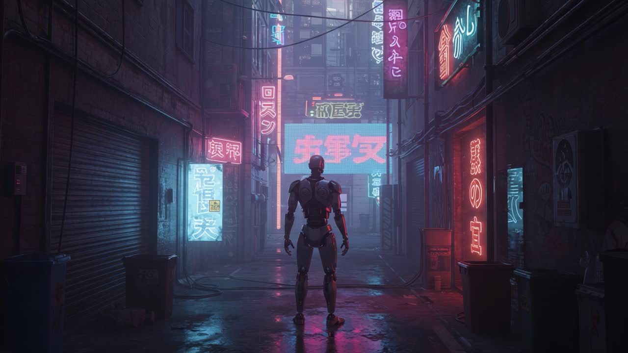 Una figura robótica futurista se alza en la intersección de un animado callejón iluminado con neón, rodeada de vibrante señalización y sombras intrigantes en un mundo ciberpunk.